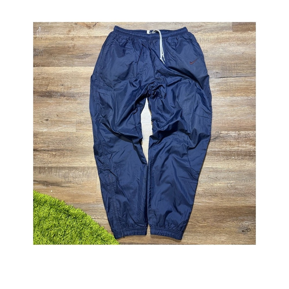 Vintage 90s Nike Track Pants Navy Blue Nylon Windbreaker XL Mens Retro Swoosh